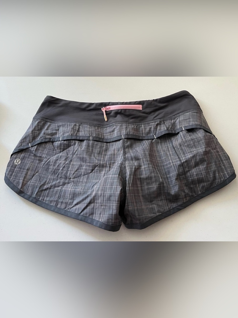 Lululemon Women's Gray and Pink Plaid Performance Shorts with Pink Zip